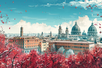 The eternal city of Rome is rendered in vector style, with autumnal trees foregrounding the historic domed skyline - AI Generated - obrazy, fototapety, plakaty