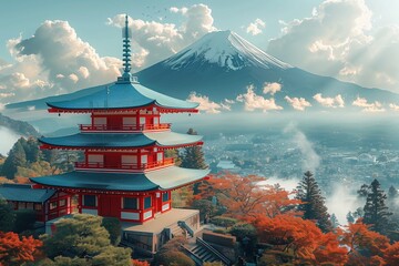 Vibrant vector illustration showcasing the Chureito Pagoda with iconic Mt. Fuji backdrop, reflecting the serene beauty of Japan's landscapes - AI Generated. - obrazy, fototapety, plakaty