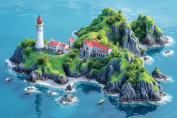 Vector style illustration of a picturesque New Zealand islet with a lighthouse and surrounding cliffs. AI Generated