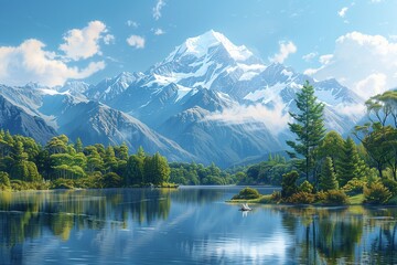 Vector artwork of a tranquil lake reflecting towering peaks in New Zealand, encapsulating peace. AI Generated