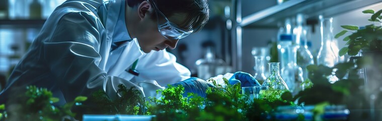 A focused scientist examines plant specimens in a lab setting, highlighting the importance of scientific research and innovation - obrazy, fototapety, plakaty
