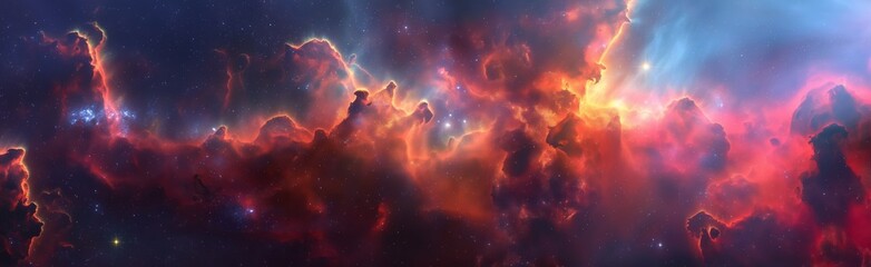 This panoramic image showcases cosmic clouds, nebulas, and star formations, evoking the grandeur of the universe - obrazy, fototapety, plakaty