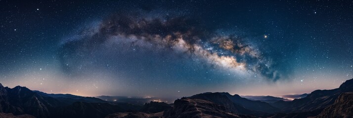 Naklejka premium A breathtaking view of the Milky Way as it stretches across the night sky above a serene mountain landscape
