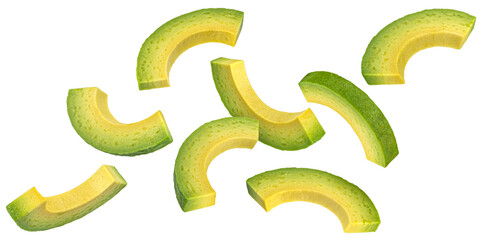 Falling avocado slices isolated on white background