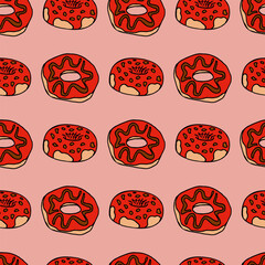Seamless pattern with cute red donuts on light pink background. Vector image.