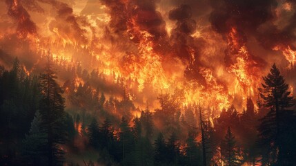 Wildfire's Wrath. Devastating wildfire rages, consuming dense woodland as fiery glow overtakes twilight sky. - obrazy, fototapety, plakaty