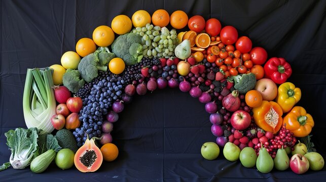 Vibrant rainbow of fresh fruits and vegetables, healthy eating concept with colorful produce in natural light