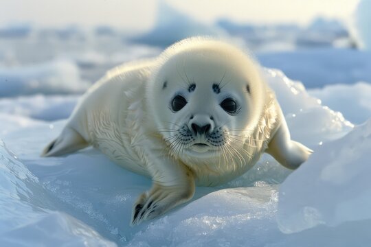 Newborn Harp Seal Pup on the Ice of the White Sea. Adorably Cute and Lovable with Fluffy Fur in the Freezing Cold