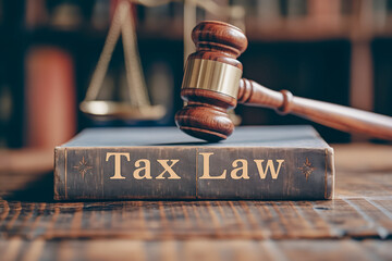 A book titled Tax Law is on a wooden table - obrazy, fototapety, plakaty