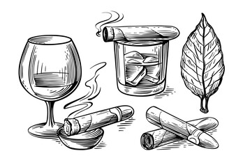 Whiskey or rum glass and smoking cigar sketch. Alcohol drink - obrazy, fototapety, plakaty