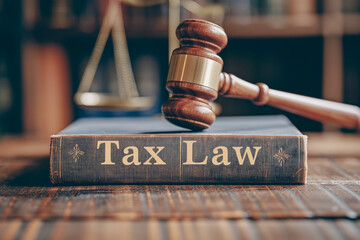 A book titled Tax Law is on a table with a gavel on top of it - obrazy, fototapety, plakaty