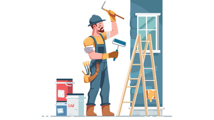Painter man painting house wall with roller