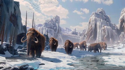 Many woolly mammoths migrated through the icy landscape. first person - obrazy, fototapety, plakaty