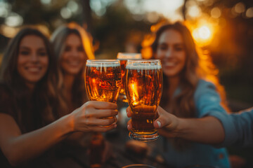 A group of women are holding up their beer glasses and smiling