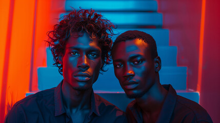 Two African men sitting on a staircase illuminated in red and blue.