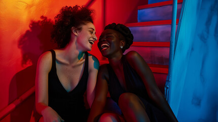 A Caucasian and African woman laughing, sitting on a staircase illuminated in red and blue.