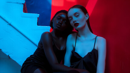 A Caucasian and African woman sitting on a staircase illuminated in red and blue.