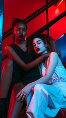 A Caucasian and an African woman sitting on a staircase illuminated in red and blue.