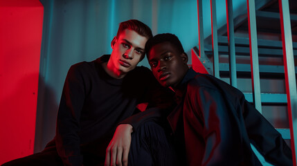 A Caucasian and an African man sitting on a staircase illuminated in red and blue.