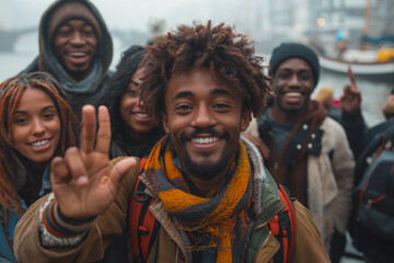 A group of people are smiling and one of them is holding up a peace sign - obrazy, fototapety, plakaty