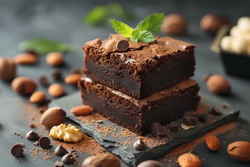 A stack of brownies with nuts and mint on a slate board with a spoon and a cup of coffee a 3D - obrazy, fototapety, plakaty