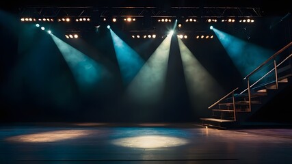 Theater stage light background with spotlight illuminated the stage for opera performance. Empty stage with classic and timeless backdrop decoration. Stage curtain. - obrazy, fototapety, plakaty
