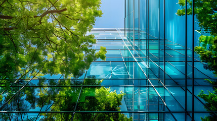 An eco-friendly building with trees to reduce heat and CO2. Green office building in a modern city.