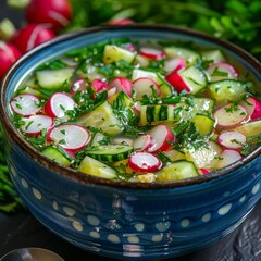 Traditional Okroshka, Summer Cold Soup Made of Diced Cucumbers, Radishes, Spring Onions - obrazy, fototapety, plakaty