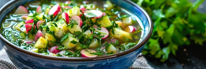Traditional Okroshka, Summer Cold Soup Made of Diced Cucumbers, Radishes, Spring Onions