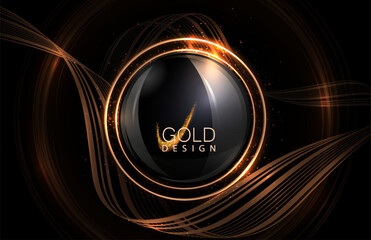 Composition with shiny glass round frame and ribbon on a black background.