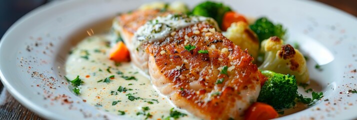 Breaded Salmon, Trout Fillet in Cream Sauce, Red Fish Meat with Cauliflower and Carrots Closeup