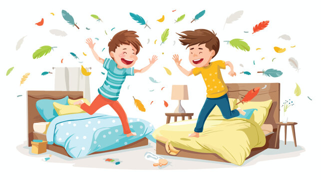 Pillow fight at boys room. Two kids having fun playing