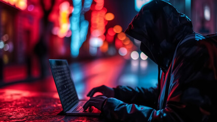 Hooded figure using laptop on city street at night with neon lights. Cyber security and digital privacy concept with copy space.  - obrazy, fototapety, plakaty