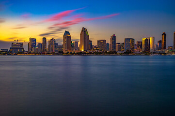 Sunset over San Diego skyline viewed from Coronado Island. Long exposure.
