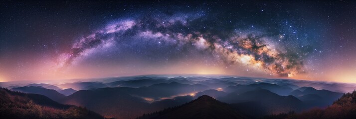 Naklejka premium A breathtaking panoramic view of the Milky Way galaxy stretching over the silhouettes of mountain peaks