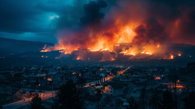 Massive wildfire burns ferociously on distant hill, casting orange glow on night sky and illuminating city below.