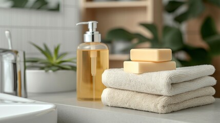 Obraz na płótnie Canvas Essential spa bathroom items toiletries, soap, and towel on soft white background
