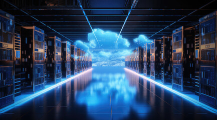 Cloud computing digital information room from hosting data center technology. Computer processing data information storage with passcode design. Cybersecurity 3d Illustration.