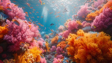 Fototapeta na wymiar In a coral reef vibrant fish dart among colorful coral formations