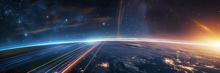 Fototapeta na wymiar A high-speed orbit captures Earth's city lights and stars in a dynamic long exposure
