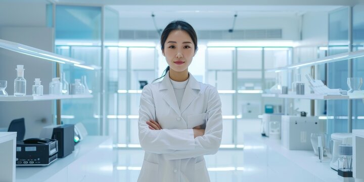 Portrait of confident Asian woman researcher or scientist medical doctor wearing protection glasses standing cross arms in laboratory.cosmetic product working in science laboratory