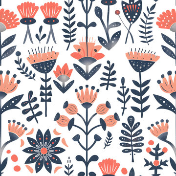 Seamless pattern of nordic folk art with flowers, geometric organic shapes