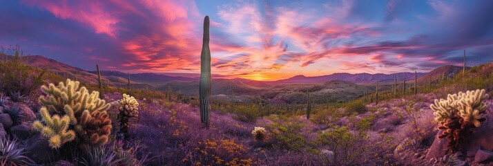 A panoramic view of a desert landscape bursting with vivid sunset colors and various cacti species