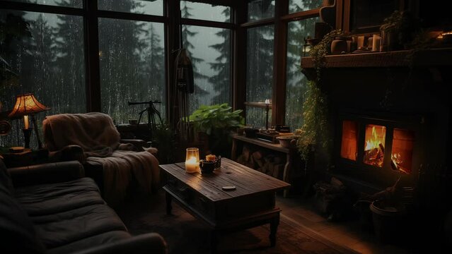 Goodbye Fatigue Sleep well Gentle Rain Fireplace on an Old Cabin Log in mystery forest
