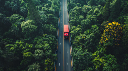 Fototapeta premium A red bus is driving down a road through a forest