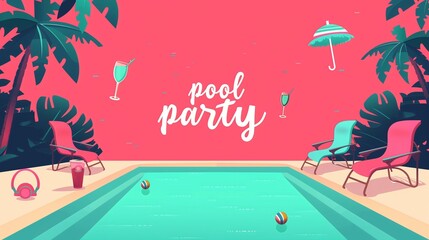 A pool party scene featuring vibrant lawn chairs scattered around a sparkling pool, with a large umbrella providing shade.