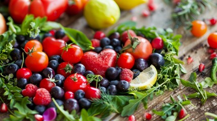 Fresh fruits and vegetables arranged in heart shape on wooden table, concept of healthy heart food and nutrition, vibrant colors and copy space, close-up shot