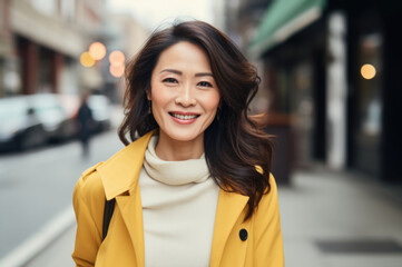 close up portrait standing in the street and happy.