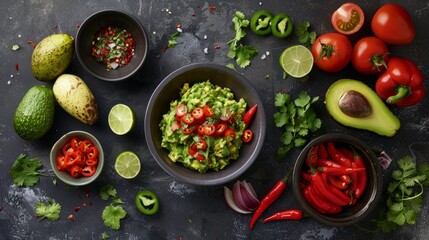 Vibrant ingredients for a sumptuous guacamole: avocados, tomatoes, onions, and cilantro in a fresh food photography concept