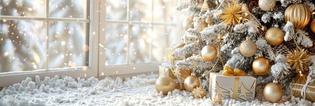 Festive Christmas Tree Adorned With Golden Baubles And Presents On Elegant Beige Holiday Background